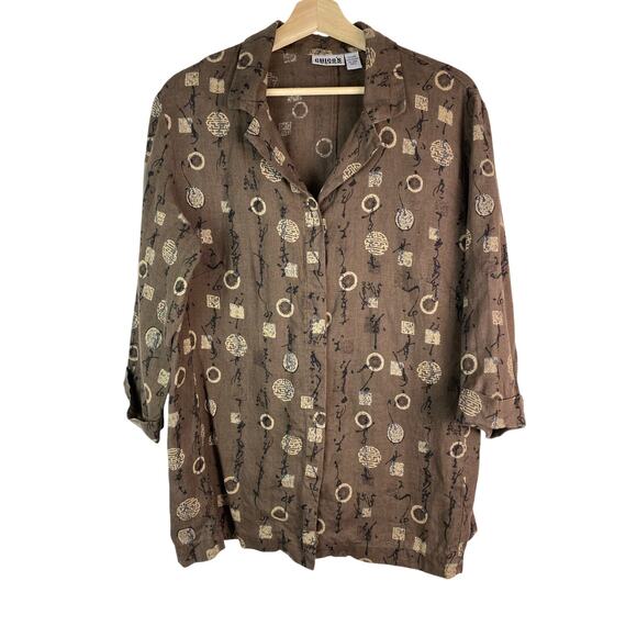 Chico's Women's Size 2 Brown Black Asian 100% Linen Button Up Shirt Jacket - Picture 1 of 7